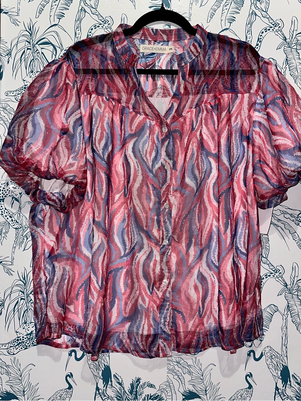 Pink Wave-Print Sheer Button Front Blouse